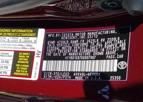 2013 Toyota Avalon Hybrid Xle Touring from USA, damaged, VIN 4T1BD1EB7DU007907